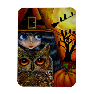 Big Eye Witch Girl and Owl Pumpkin Moon Halloween Magnet