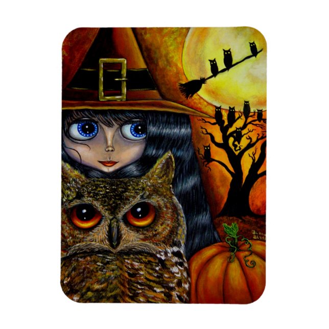 Big Eye Witch Girl and Owl Pumpkin Moon Halloween Magnet (Vertical)