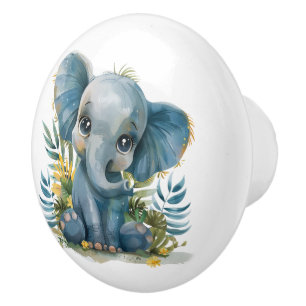 Big Eyed Baby Elephant Ceramic Knob