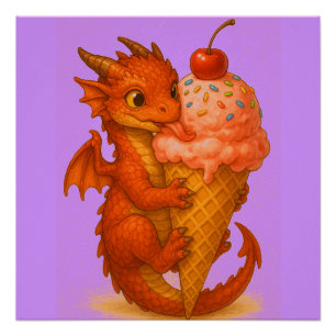 Big eyed baby fire dragon ice cream fantasy art poster
