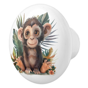 Big Eyed Brown Monkey In Jungle Leaves Ceramic Knob