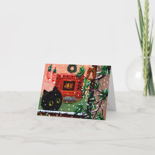 Big Eyed Christmas Cat Owl Creationarts Holiday Card (Front)