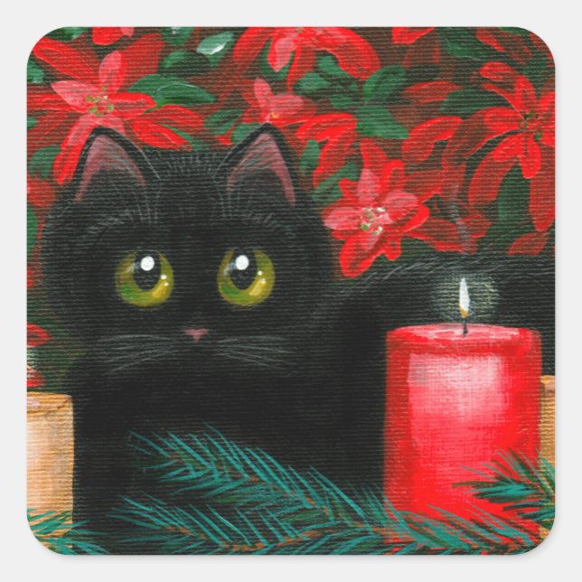 Big Eyed Christmas Cat Poinsettias Creationarts Square Sticker (Front)