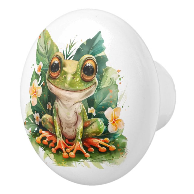 Big Eyed Green Frog on Lily Pad Ceramic Knob (Right)