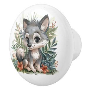Big Eyed Grey Wolf Pup  Ceramic Knob