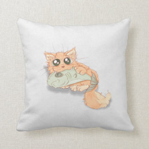 Big Eyed Kitty With A Fish Artwork Throw Pillow