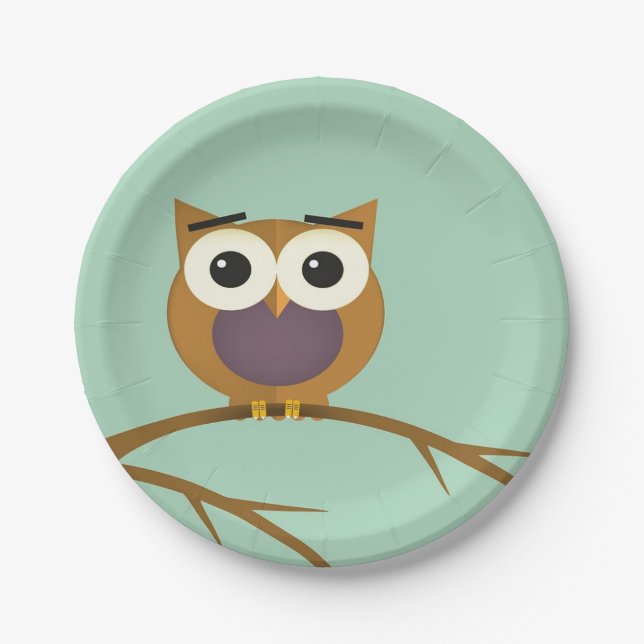 Big Eyed Owl on Branch with Full Moon Paper Plate (Front)