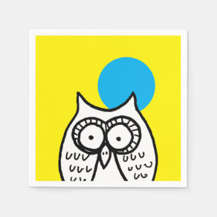 Big Eyes Cartoon Owl and Moon Yellow Napkin