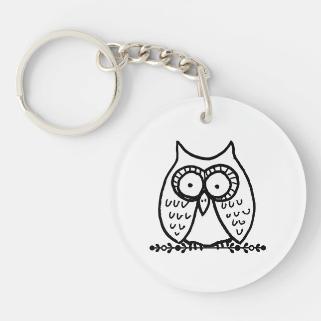 Big Eyes Funny Cartoon Owl Drawing Keychain (Front)