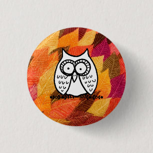 Big Eyes Funny Cartoon Owl Drawing Leaves 1 Inch Round Button