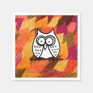 Big Eyes Funny Cartoon Owl Drawing Leaves Napkin