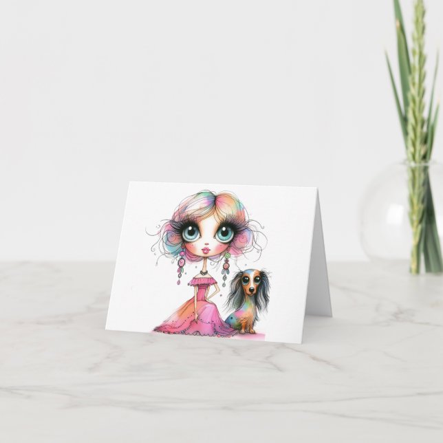 Big Eyes Whimsical Dachshund and Girl Card (Front)