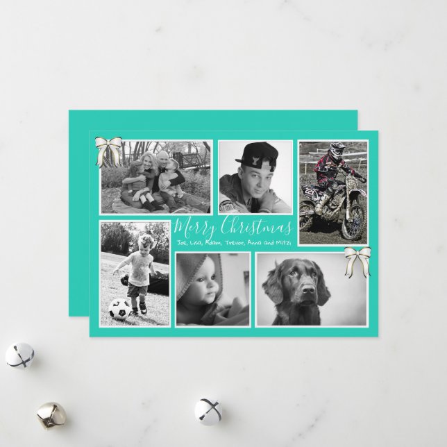 Big Family Christmas Photo Collage Turquoise Holiday Card (Front/Back In Situ)