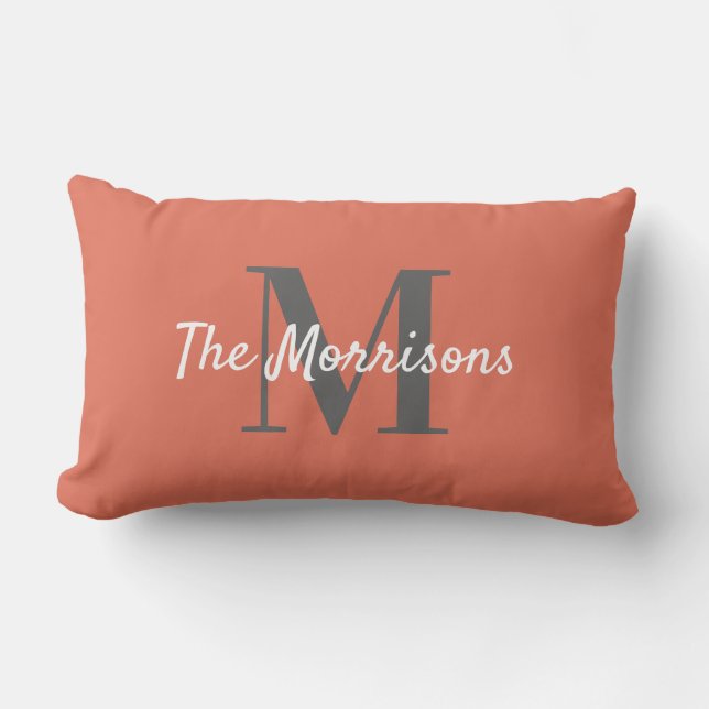 Big Family Name Monogram Solid Terracotta  Lumbar Pillow (Front)
