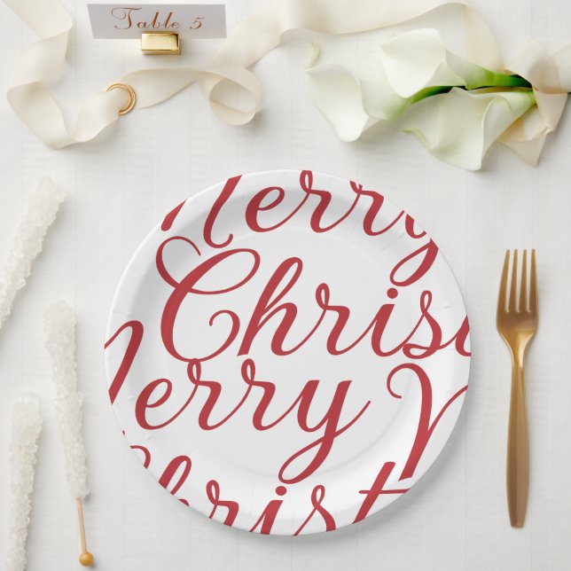 Big Fancy Red Script Merry Christmas Paper Plate (Wedding)