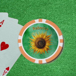 Big Fancy Yellow Brown Spring Sunflower Green Poker Chips