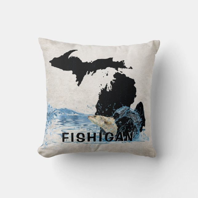 Big Fish in Water with Michigan Graphic Throw Pillow (Front)