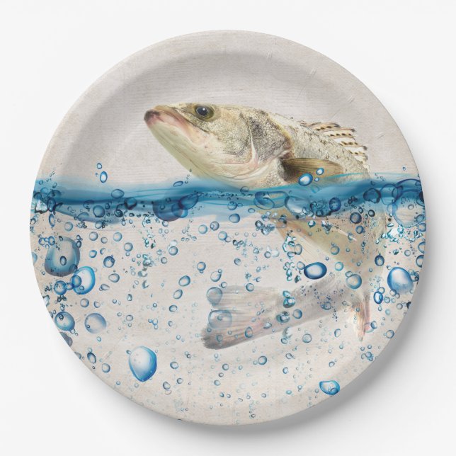 Big Fish Jumping Out of Blue Water Paper Plate (Front)