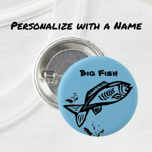 Big Fish Primitive Art Black Line Drawing and Name 1 Inch Round Button