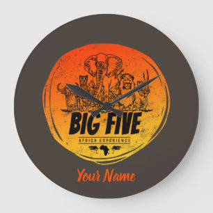 Big Five of Africa Safari Vintage Elephant, Lion, Large Clock