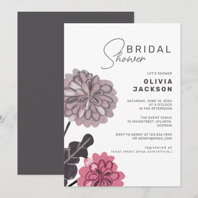 Big floral charcoal grey dusty pink bridal shower invitation (Front/Back)