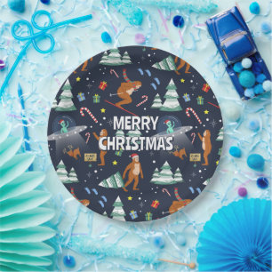 Big Foot, Aliens, & Reindeer Christmas Paper Plate