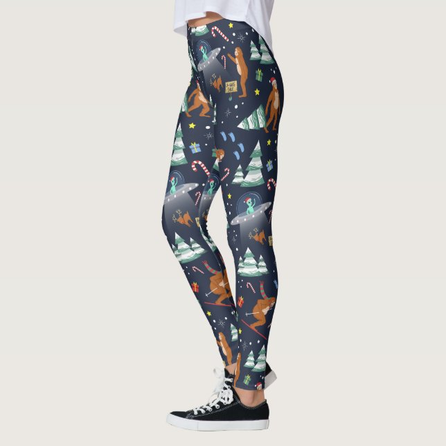 Big Foot, Aliens, & Reindeer Sci-Fi Christmas Leggings (Left)