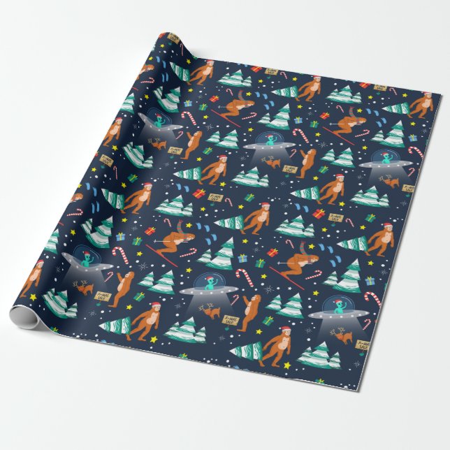 Big Foot And Alien Abduction Wrapping Paper (Unrolled)