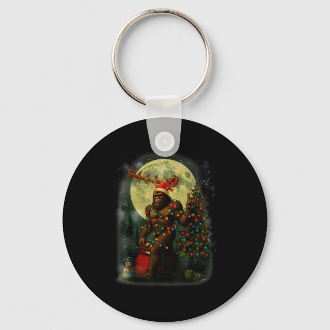 Big Foot Rock On Santa Snowman Christmas Tree Xmas Keychain (Front)