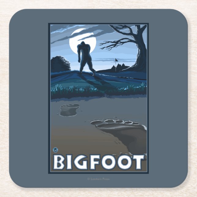 Big Foot walking through Golf Course Square Paper Coaster (Front)