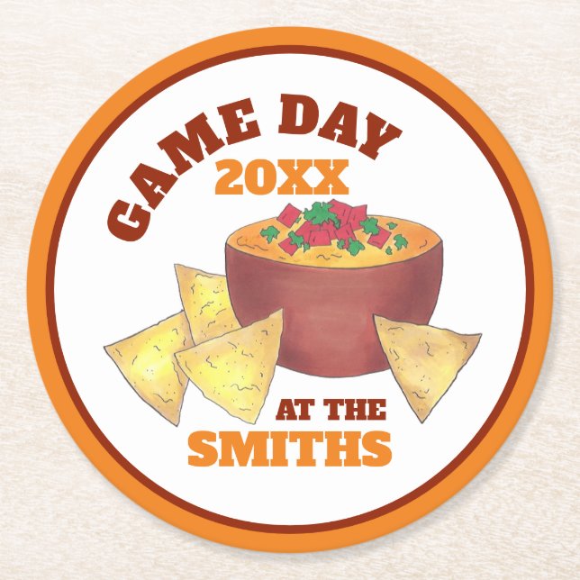 Big Football Game Tailgate Party Chips Cheese Dip Round Paper Coaster (Front)