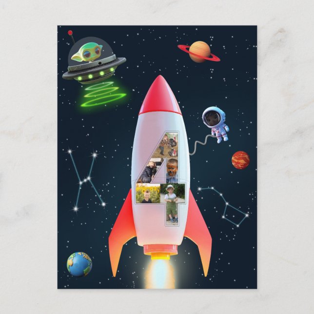 Big Four with Photos | 4th Birthday Rocket Space Postcard (Front)