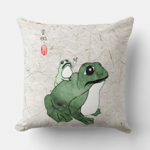 Big Frog Little Japanese Frog Toad 19th Century Throw Pillow