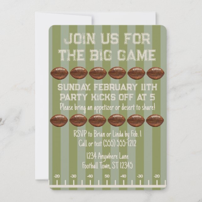 Big Game Bowl Game Green Football Field Party Invitation (Front)