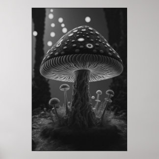 Big Glowy Mushroom - Black & White Poster
