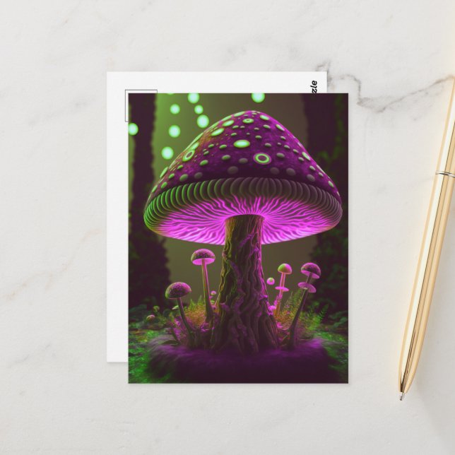 Big Glowy Mushroom - Green & Fuchsia Postcard (Front/Back In Situ)
