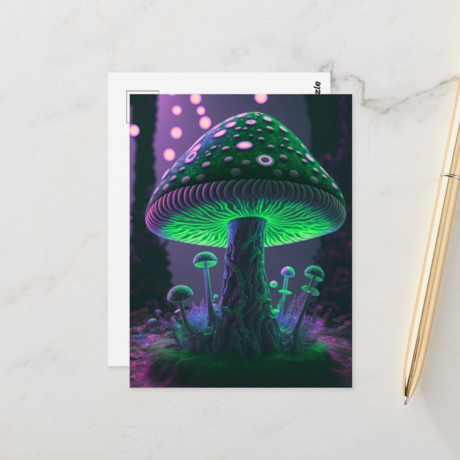 Big Glowy Mushroom - Green & Pink Postcard (Front/Back In Situ)