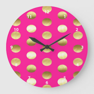 Big Gold Foil Polka Dots Hot Pink Large Clock