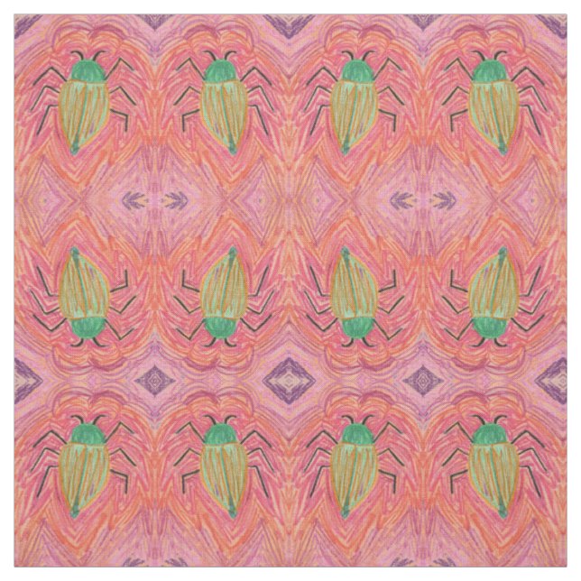 Big Green Beetle Bug on Red Stripe Fabric (Swatch)