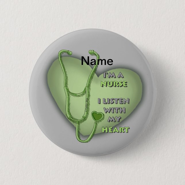 Big green heart nurse  2 inch round button (Front)