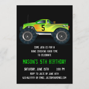Big Green Monster Truck Invitations de fête d'anni