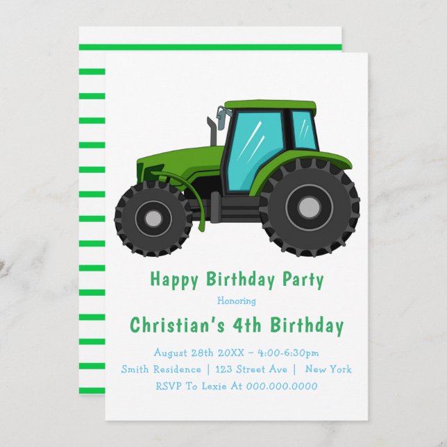 Big Green Tracteur 4e anniversaire Invitations (Devant / Derrière)