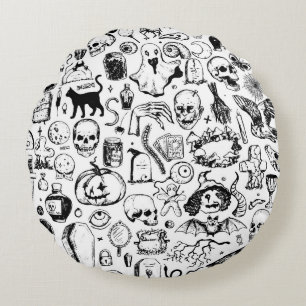Big halloween doodles collection. Hand drawn vinta Round Pillow