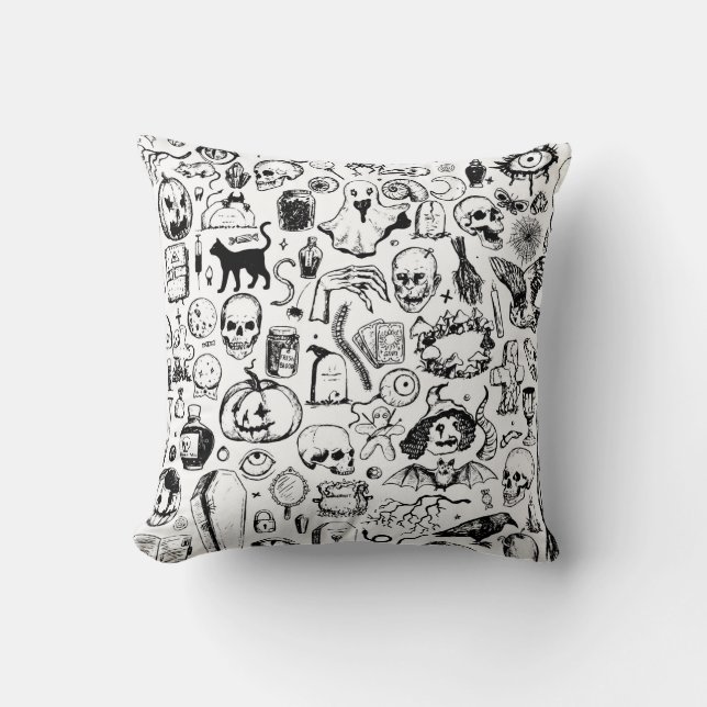 Big halloween doodles collection. Hand drawn vinta Throw Pillow (Front)