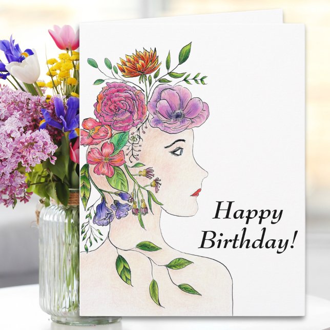 Big Happy Birthday Woman With Flowers Illustration Card (Creator Uploaded)