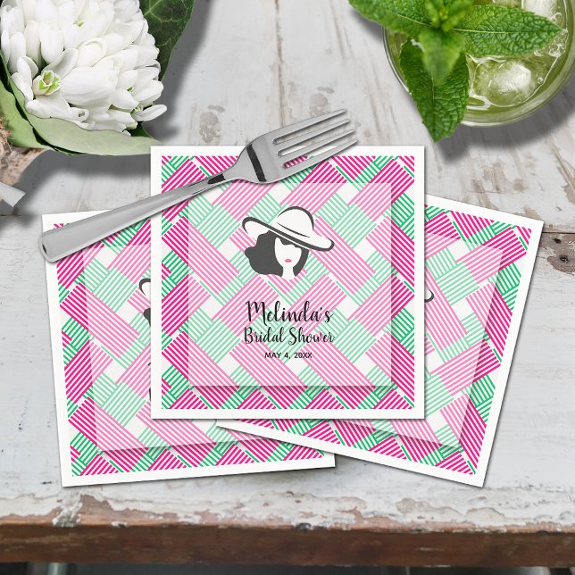Big Hat Derby Bridal Shower Napkin (Derby hat Hot pink and green diagonal stripes bridal shower cocktail napkins)
