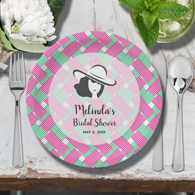 Big Hat Derby Bridal Shower Paper Plate (Big Derby hat lady on hot pink and green diagonal stripes bridal shower paper plates)