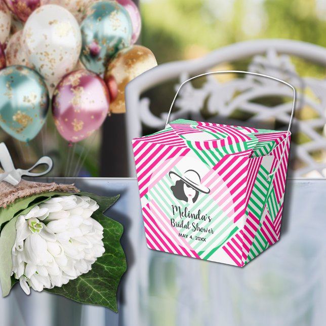 Big Hat Derby Lady Hot Pink Green Stripes 2" Favor Box (Big Derby hat lady on hot pink and green diagonal stripes takeout style bridal shower favor boxes)