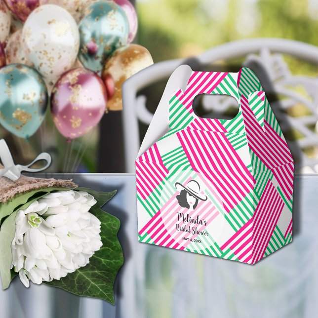 Big Hat Derby Lady Hot Pink Green Stripes Gable Favor Box (Big Derby hat lady on hot pink and green diagonal stripes gable style bridal shower favor boxes)