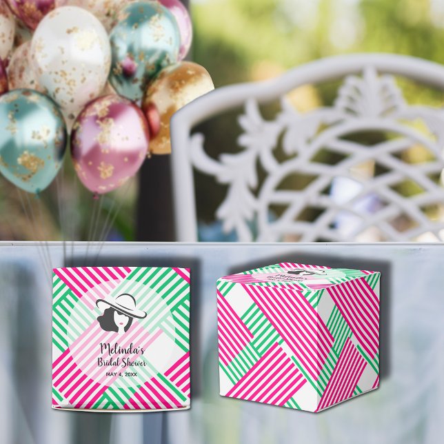 Big Hat Derby Lady Pink Green Stripes Square Favor Box (Big Derby hat lady on hot pink and green diagonal stripes square bridal shower favor boxes)
